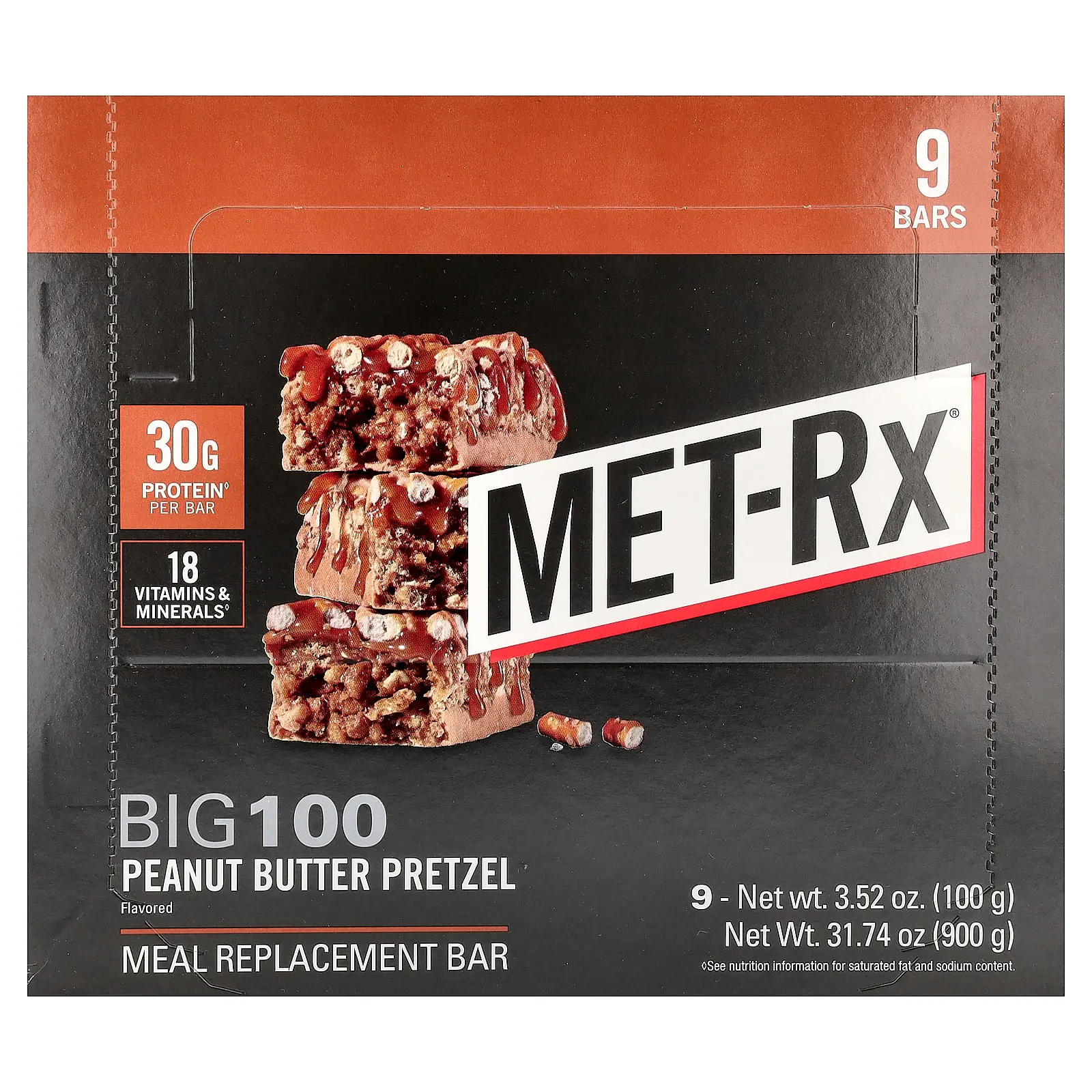 MET-Rx Big 100, Meal Replacement Bar, Peanut Butter Pretzel, 9 Bars, 3.52 oz (100 g) Each