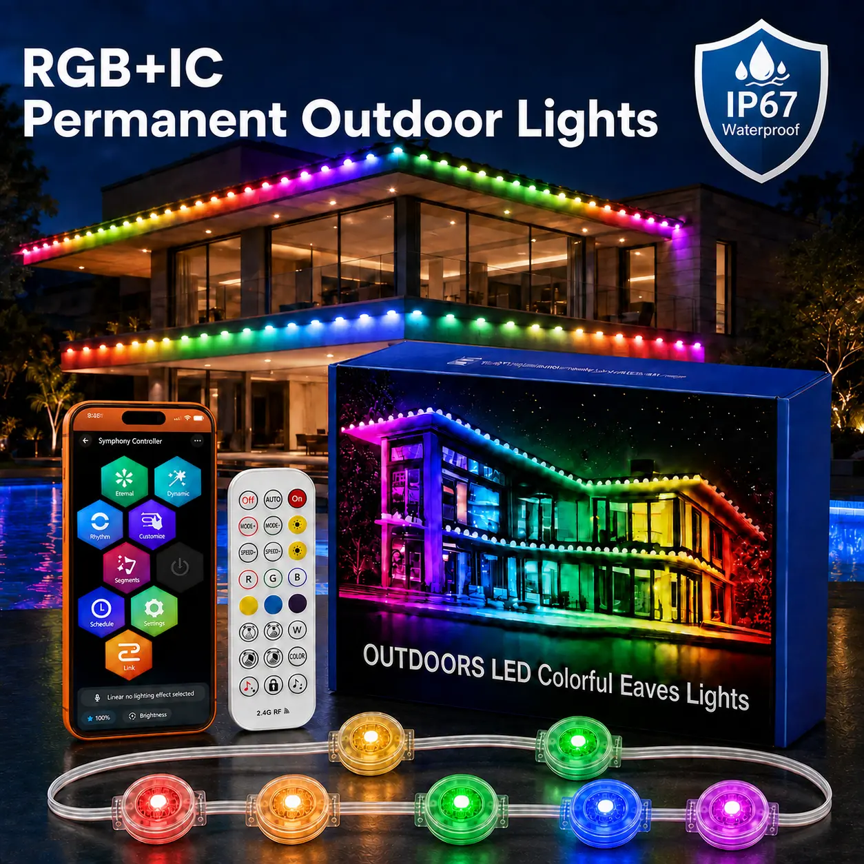 Permanent RGB-IC Eave Strip Lights, IP67 Waterproof Smart Colorful Lights with App & RF Remote Control, Music Sync, Outdoor Halloween Decor for House Roof