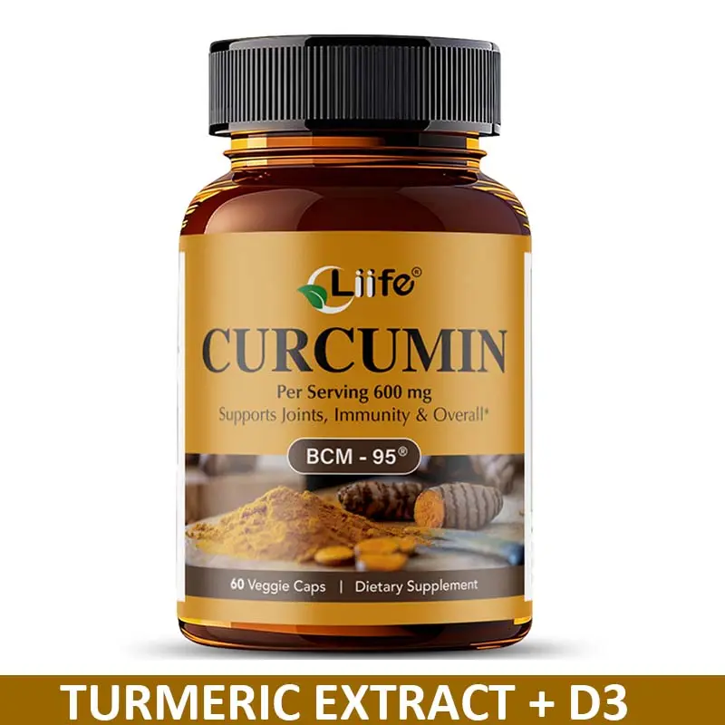 LIIFE BCM-95 Turmeric Curcumin + Vitamin D3 Dietary Supplement - 600 mg High Absorption Formula, Non-GMO Veggie Capsules, 60 Capsules for Bone Health