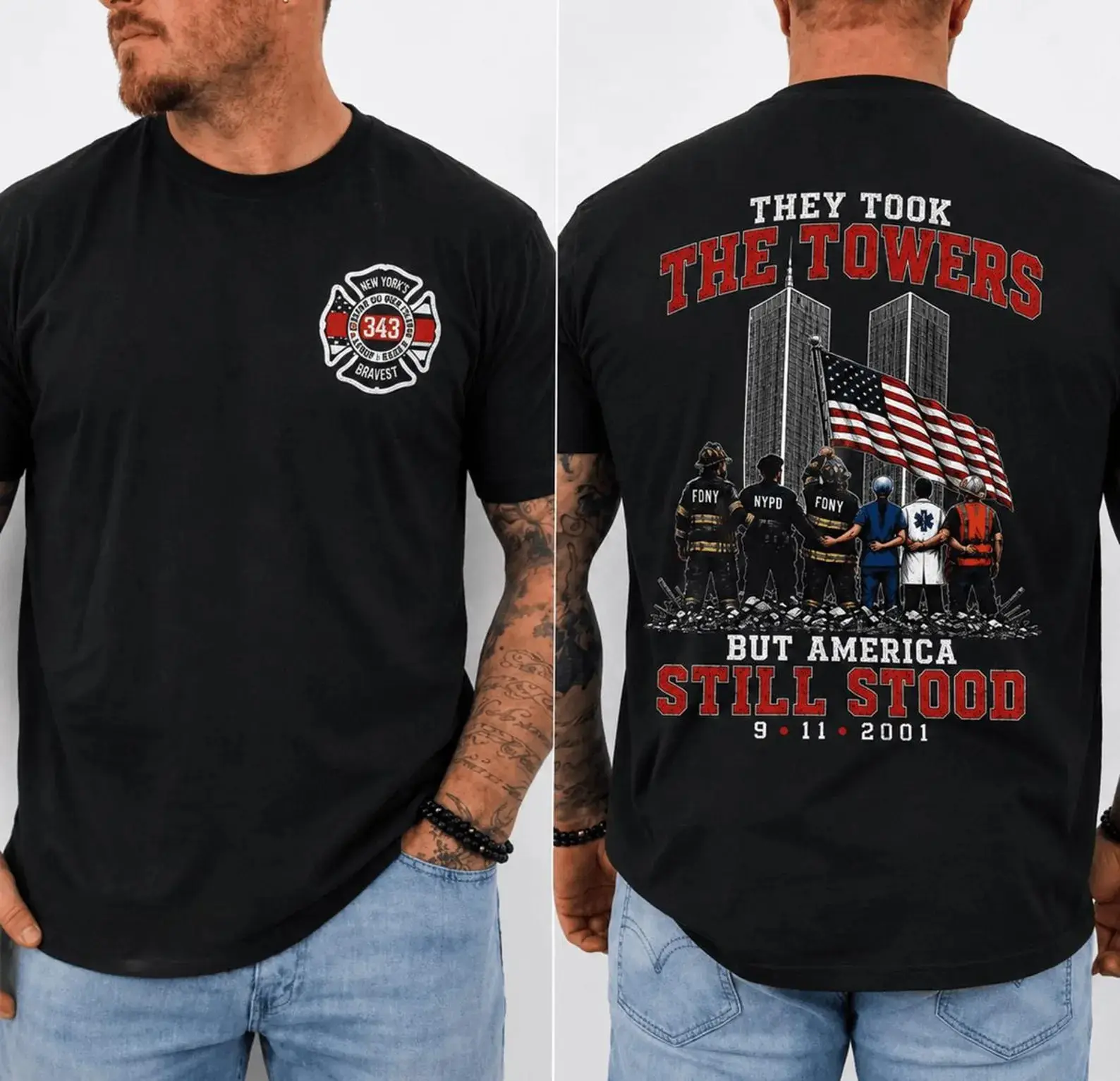 Unisex Soft Round Neck 9/11 Memorial T-Shirt - FDNY 343 NYPD First Responder Patriot Tops, Never Forget Gift