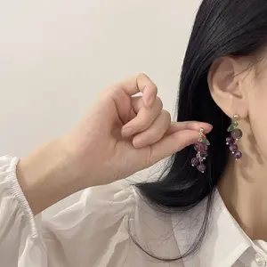 Simulated Fruit Earrings Creative Cute Fruit Pendant Earrings Purple Cyan Grape Strawberry Peach Earrings Handmade Cute Tassel Pendant Earrings for Women Girls