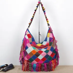 Colorful Patchwork Shoulder Bag with Tassel - Women's Messenger Handbag