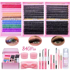 RITALASH 840Pcs Lash Clusters Kit DIY Eyelash Clusters Packs False Eyelash Extensions, Eyelash Extensions Set, D Curl Wispy Individual Fake Eyelashes, Volume Studio Effect, Large Pack with Glue, Tweezers, Removers, Cleanser