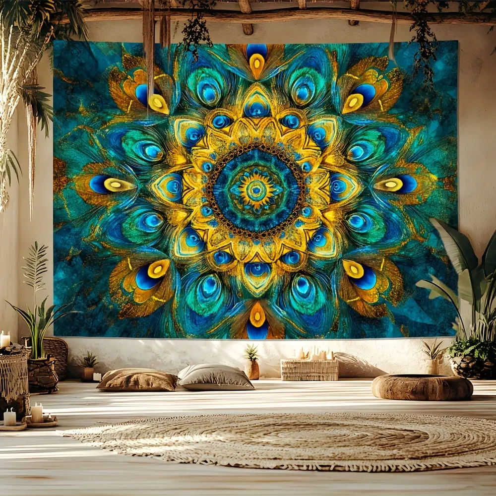 Peacock Feather Print Tapestry - Colorful, Lightweight Vibrant Blue Green Golden Home Decor Wall Hanging for Living Room, Baby Shower, Engagement Photo Backdrop