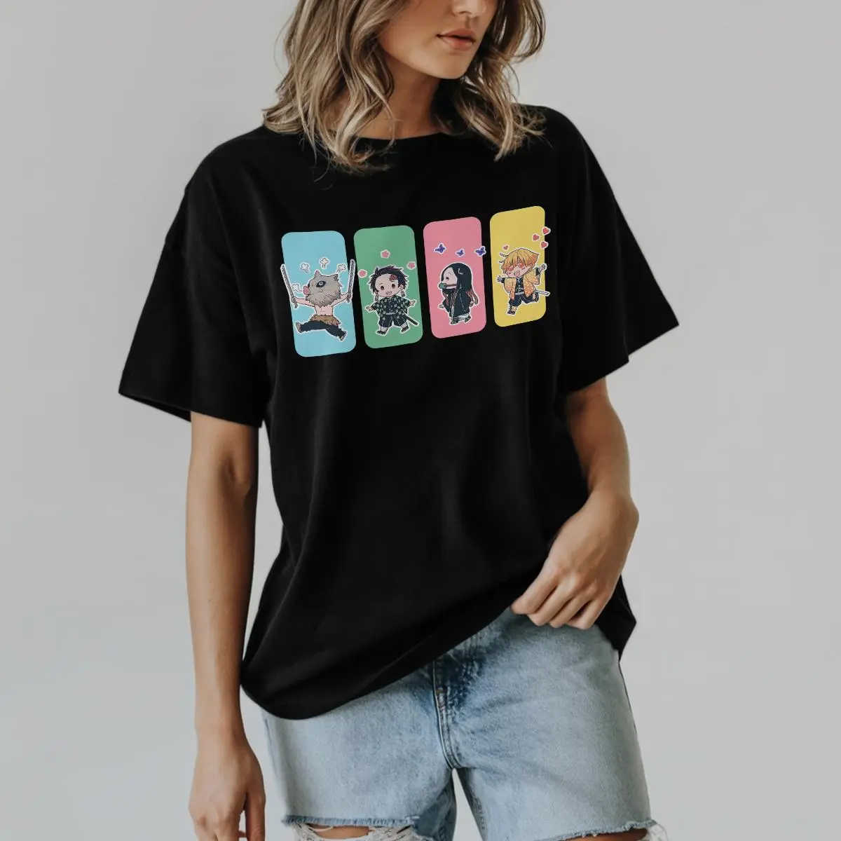 Women's Demon Slayer Quartet Comfort Colors Short-Sleeve Apparel - Tanjiro, Nezuko, Inosuke, Zenitsu Anime T-Shirt with Seamless Twist Pieces (25723), Shortsleeve, Clothes, Lady, Soft, Round Neck
