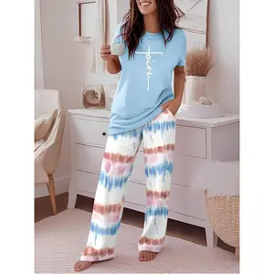 Two-piece outfit: floral print round-neck short-sleeve top and gradient print loose-fitting long pants set