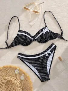 Two-Piece Set Women's Polka Dot Print Bow Decor Bikini Set, Adjustable Strap Swim Top & Swim Bottom, Ladies Swimsuit for Beach Holiday Vacation, Beach Bikinis