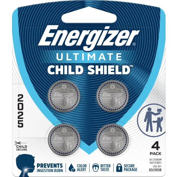 Energizer Ultimate Child Shield CR2025 Batteries (4 Pack), 3V Lithium Coin Batteries
