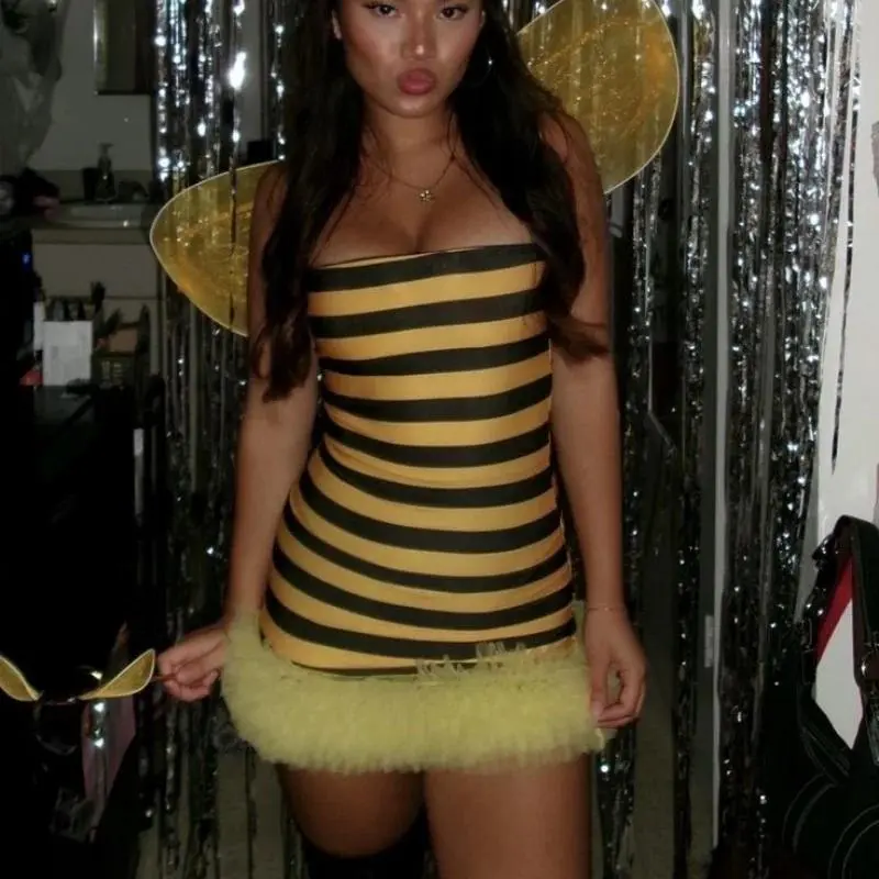 Halloween Bee Costume for Women Cosplay Dress with Wings Headband Set Funny Adult Fairy Costumes