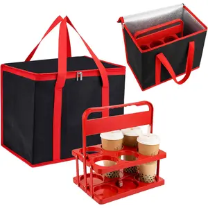 6 Cup Drink Carrier with Handle and Insulated Bag, Grocery Catering Travel Thermal Frozen Carrier Foldable Plastic Cup Holder and Large Capacity Insulated  Bag for  Delivery, Travel