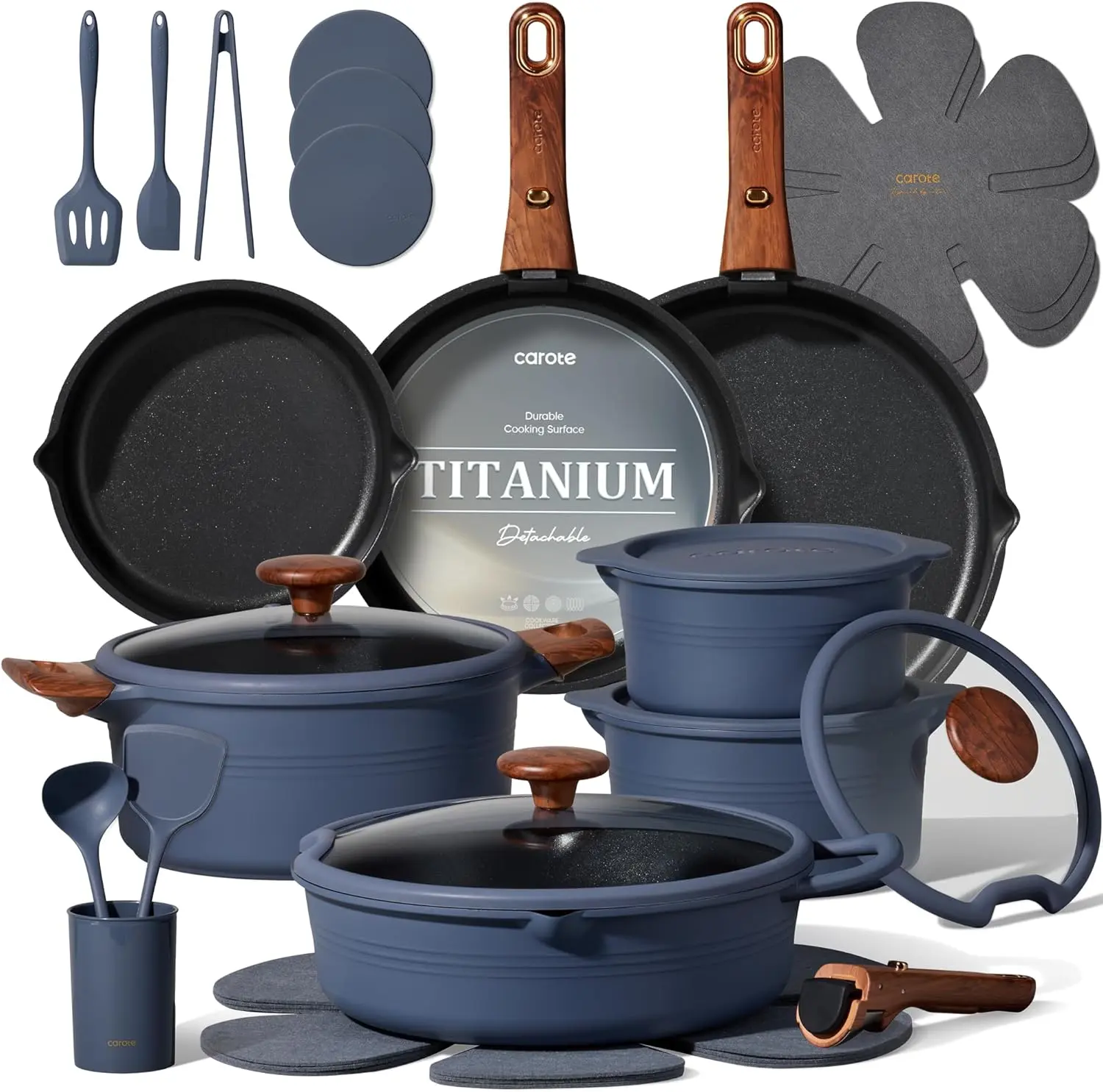 CAROTE - 30pcs Titanium Cookware Set, Pots and Pans Set Detachable Handle | Non-Stick, Non-Toxic, Induction Compatible, Dishwasher & Oven Safe, Space Saving, Camping Cooking, Blue Nonstick Ceramic Lid