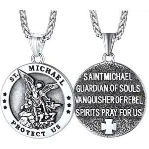 MILACOLATO Saint Michael Pendant Necklace for Men - Archangel Defender Stainless Steel Medal with Protective Inscription, Masculine Religious Amulet Chains