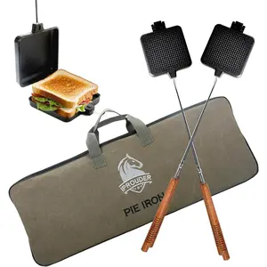 Pie Iron 4.9" Large Cast Iron Sandwich Maker for Camping 2 Pcs with Bag - 22.6 inch Thickened Handles - Cooking Equipment for Grilling & Cooking