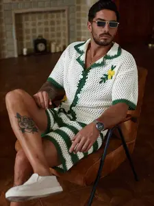 Men's Knitted Set Clothes Summer 2026, Hollow Out Short Sleeve Cardigan & Shorts, Hand Embroidered Fashion Two-Piece, Perfect for Outdoor Casual Travel
