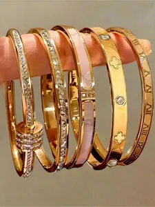 5 pieces of 18K gold-plated women's bracelets, stackable cuff bracelets with Roman numerals and clover, suitable for women's daily wear and fashionable jewelry gifts