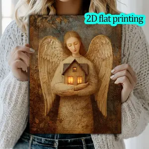 Angel Guardian Theme Framed Canvas Print, Country Style Angel Christmas Wall Decor, Seasonal Holiday Art for Bedroom Living Room Home Cafe Office