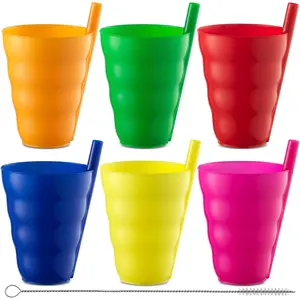 Set of 6 Kids Straw Cups – 10oz BPA-Free Plastic Tumblers with Built-in Straws, Stackable, Dishwasher Safe, Neon Colors – For Water, Juice, Milk