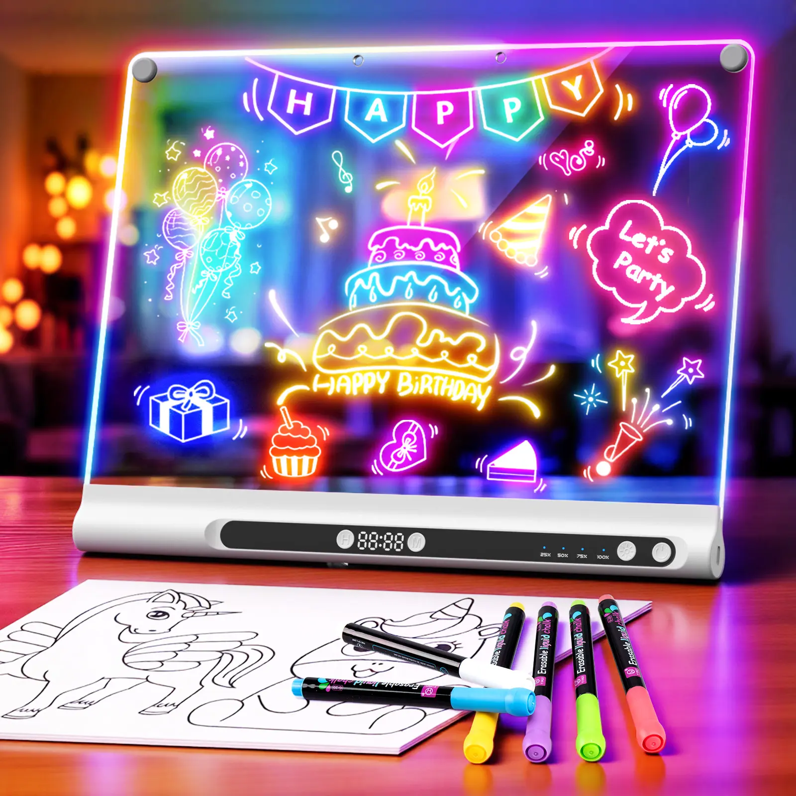 Geokay 16“ Rechargeable LED Drawing Board, 9-Color Light Modes with Timer & Built-in Stand, Neon Glow Up Dry Erase Doodle Note Pad, Sketching Gift Toy for Kids/Girls/Teens, 8 Markers & Tracing Book
