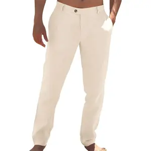 Mens Casual Pants Elastic Waist Linen Lightweight Straight-Legs Loose Fit Summer Beach Yoga Trousers Menswear Beige