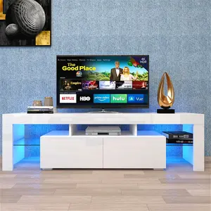 63" Floating TV Stand w 20-Color LED Lights for Living Room, w/Remote Control, Wood TV Stand Black Entertainment Center with Storage and Drawers, White Media Console Cabinet for 75 inch TV glass shelf