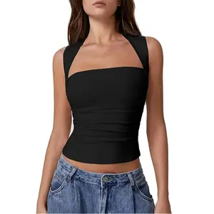 QINSEN Womens Square Neck Tank Tops Side Ruched Double Lined Slim Fit Summer Going Out Crop Top QINSEN Womens Square Neck Tank Tops Side Ruched Double Lined Slim Fit Summer Going Out Crop Top