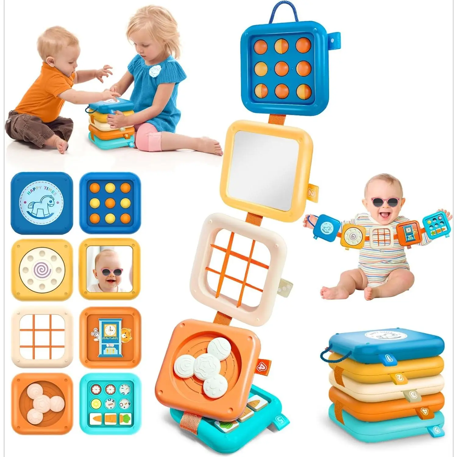 P-MTS061 Montessori Sensory Activity Cube - 7 Activities, Abs, Compact, Fine Motor Skills, Creativity Boosting Sensory Products for 6-12 Months, 1 Year Old Boy Girl Travel Gifts
