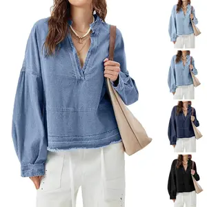 FMEYOA Womens Denim Tops Pullover Trendy Casual V Neck Loose Fit Puff Sleeve Jean Cotton Shirts