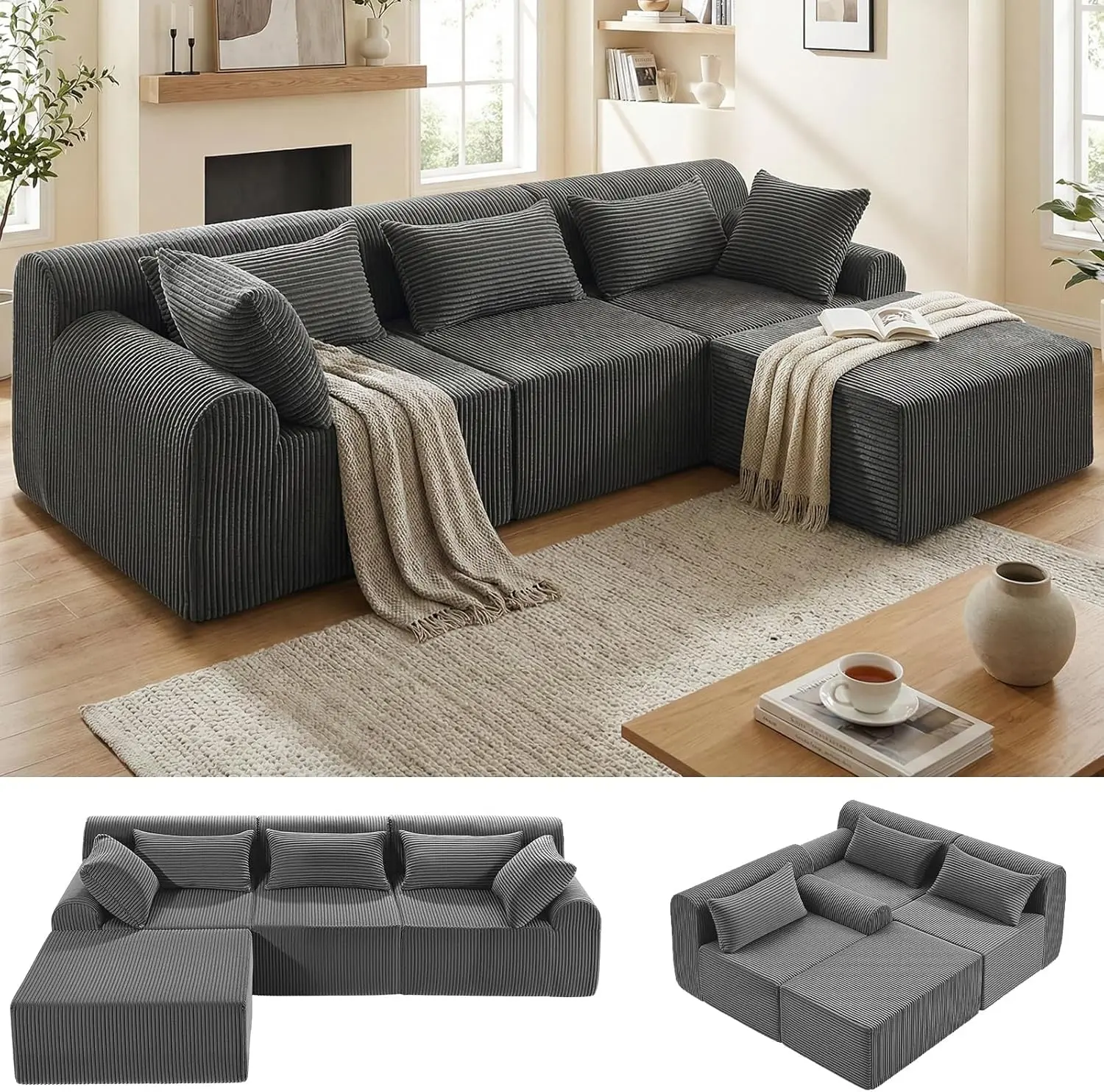 Winzoo 116” Modular Sectional Cloud Couches with L Shaped Chaise,Upholstered Deep Seat Boneless Sofa for Living Room,Bedroom, No Assembly Required