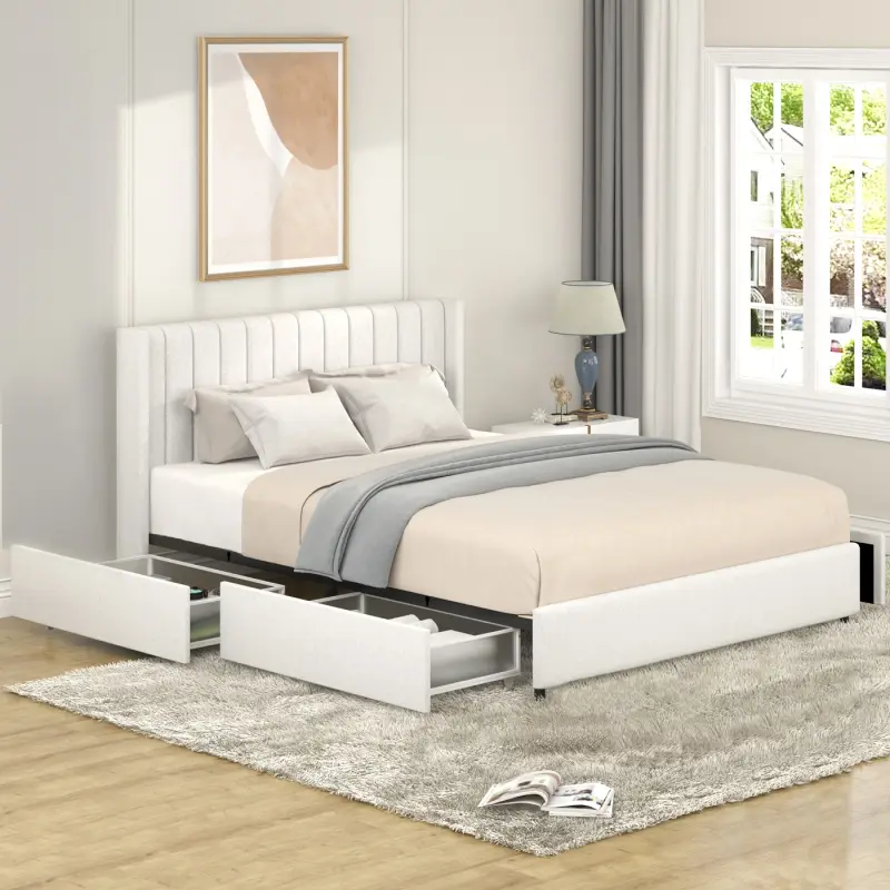 Anda Queen Size Ivory Boucle Upholstered Platform Bed with Patented 4 Drawers Storage, Tufted Headboard, Wooden Slat Mattress Support, No Box Spring Needed