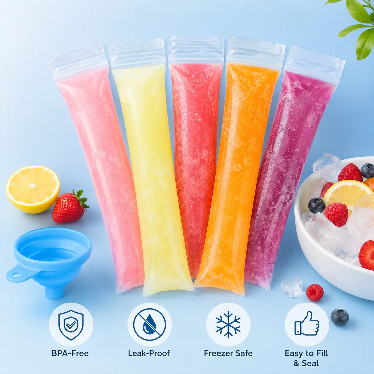 100 Counts Popsicle Bags, Transparent Self Sealing Freezer Tubes with Funnel for Homemade Juice Smoothie Frozen Popsicle Making