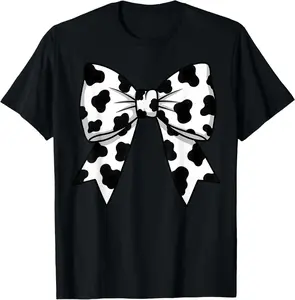 Women's & Girls' Funny Graphic Tee, Cute Cowprint Coquette Bow Cow Pattern T-Shirt, Casual Cute Top