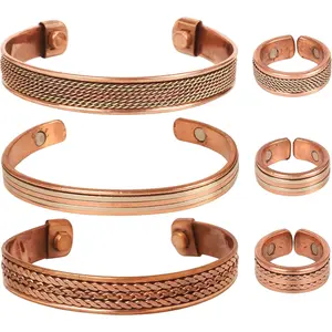Handcrafted Copper Magnetic Hand Forged with Solid and High Gauge Tibetan Style Minimalistic Elegance Copper Bracelet and Matching Ring.