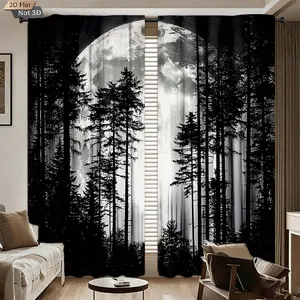 2pcs Creative Forest Moon Night Print Curtains, Light Blocking Polyester Fabric, Kitchen Bedroom Office Living Room Decor