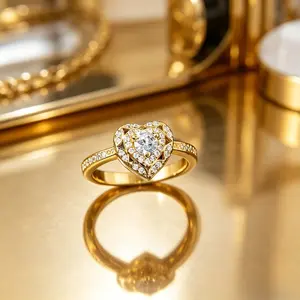 Heart-Shaped Halo Promise Ring, Golden-Tone with Intricate Pavé Design, Timeless Statement Jewelry Gift for Her, Ideal for Weddings, Anniversaries & Romantic Occasions