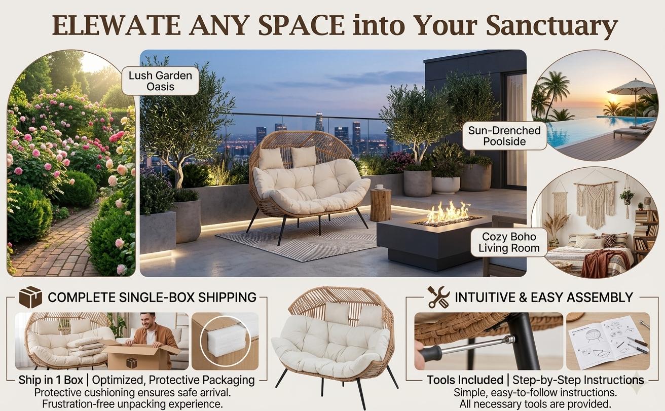 Walsunny Double Egg Chair, Indoor Outdoor 2 Person Egg Wicker Loveseat Chair Stationary Oversized Chair, Thick Padded Cushions, Extra Large Lounge Chair for Patio Balcony Porch Backyard, Beige