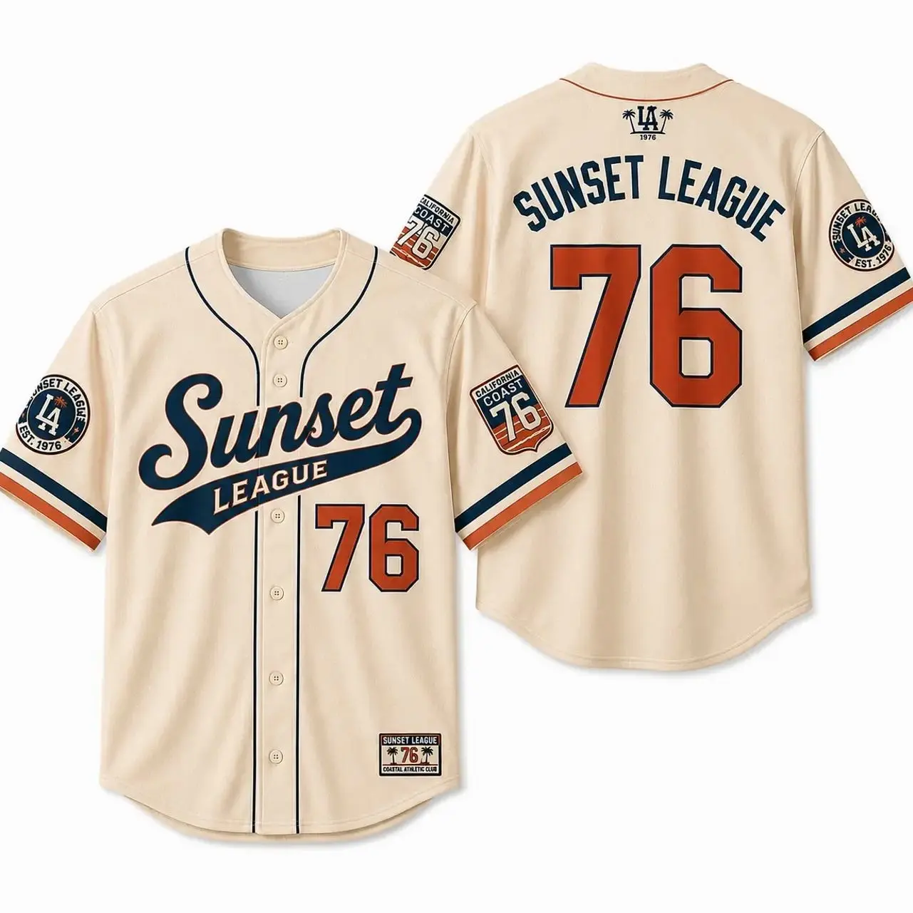 Male 2026 Sunset League Cream Short-Sleeve Button-Down Baseball Jersey, Retro Coastal Graphic Sports Shirt, Navy Orange 76 Number Print, California Coast Style Casual Game Day Apparel