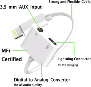 Lightning to 3.5mm Headphone Adapter for iPhone, 2 in 1 Headphone Audio Splitter, Adapter AUX Connector Charger Cable for Smartphone Charging Device Dongle Cellphone