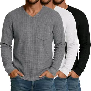 3 Pack Mens Big and Tall Waffle Shirts Long Sleeve V Neck Pullover Underwear Tops Basic Undershirts with Pocket