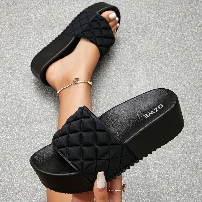 Women's Fashion Quilted Look Open-Toe Platform Slip-On Sandals - Solid Color Casual Shoe, All-Match All-Seasons Outdoor Fabric Footwear with Platform Lift