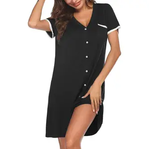 Women's Nightgowns Button Down Pajamas Tops Short Sleeve V-Neck Sleepwear S-3XLGift