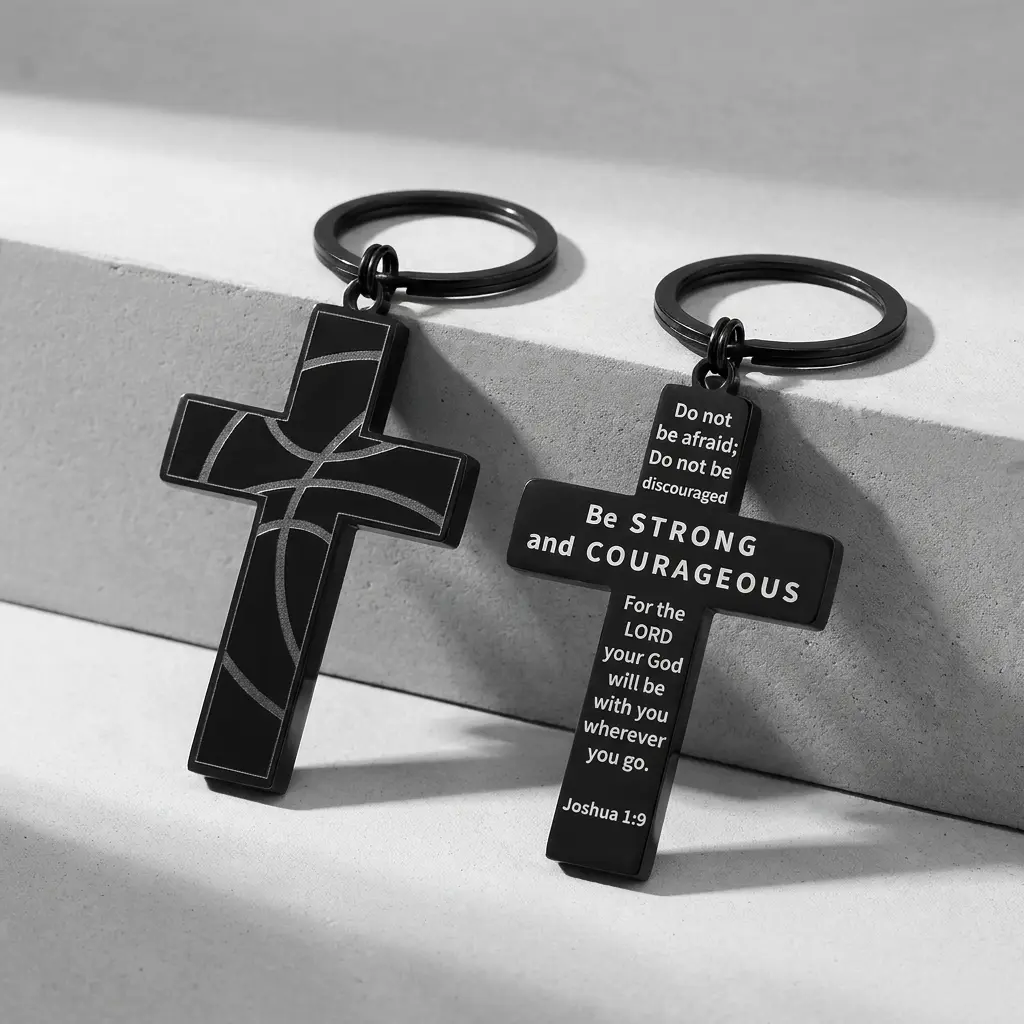 "Be Strong & Courageous" Black Cross Keychain — Joshua 1:9 Bible Verse Basketball Sports Keychain | Stainless Steel Matte Black | Christian Gifts for Men, Teen Boys, Athletes | Faith-Based Accessories Tag trending
