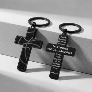"Be Strong & Courageous" Black Cross Keychain — Joshua 1:9 Bible Verse Basketball Sports Keychain | Stainless Steel Matte Black | Christian Gifts for Men, Teen Boys, Athletes | Faith-Based Accessories Tag