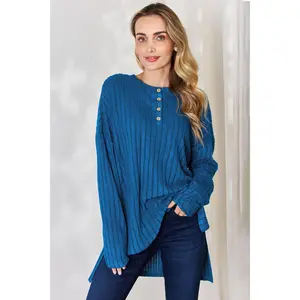 Basic Bae Full Size Ribbed Half Button Long Sleeve High-Low T-Shirt -5 colors-