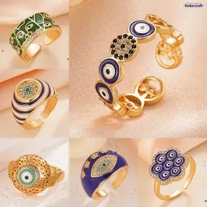 Evil Eye Ring for Women 18K Gold Plated Enamel CZ Ring Dainty Aesthetic Lucky Protection Jewelry Minimalist Ring for Daily Wear Gift Party Vacation