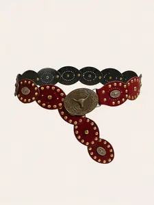 Y2K Boho Vintage Bull Head Metal Buckle PU Rivet Decorated Belt, Boho Style Belt, Western Belts, Rivet Decor Western Cowboy Women's Accessory, Perfect for Vacation Travel Street Music Festival Party