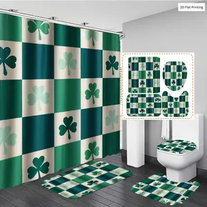 1/3/4PCS St. Patrick's Day CHECKERED WITH FOUR LEAF CLOVERS Shower Curtain Set with Rugs, Non Slip Bath Mat, U-Shape Carpet, Toilet Lid Cover, Polyester Fabric Bathtub Curtain Accessories, 12 Hooks, Home Bath