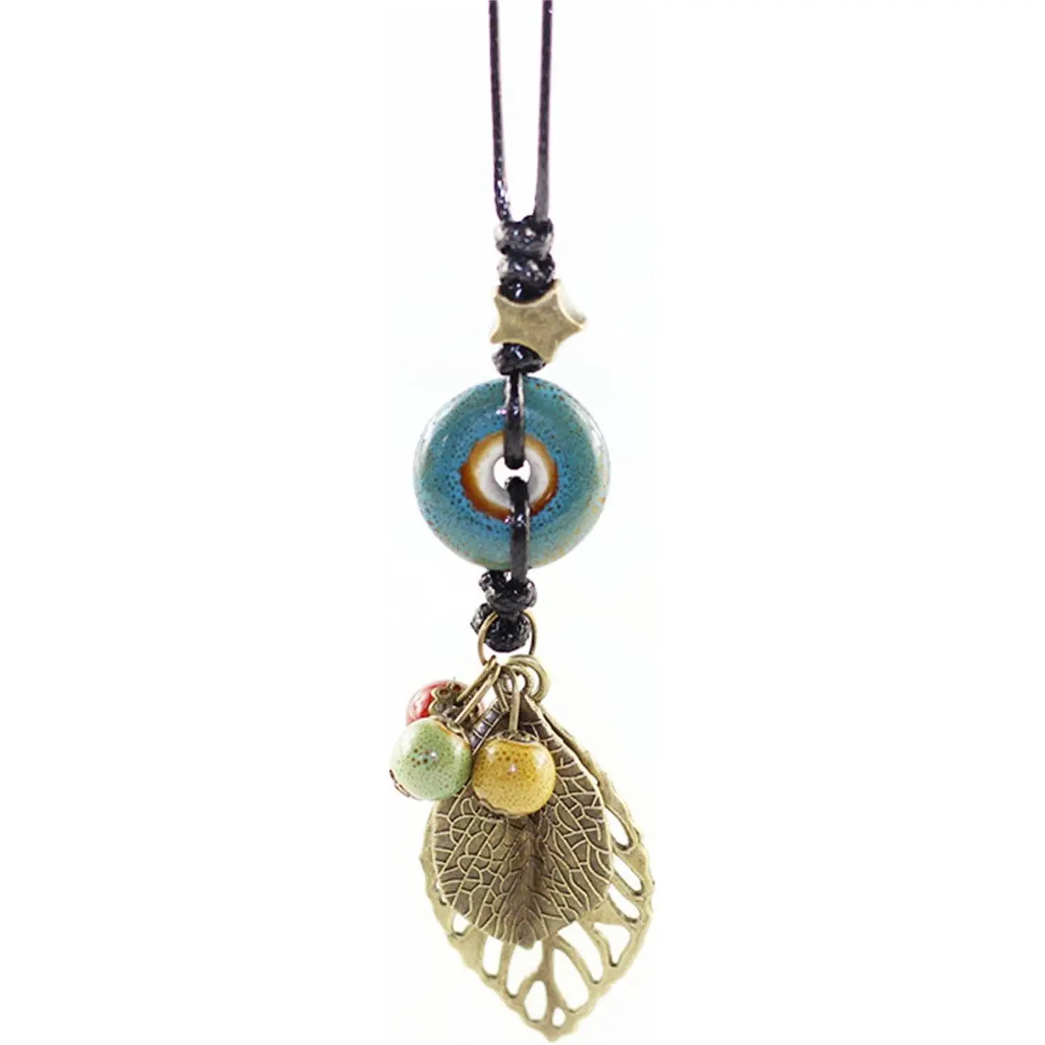 H&Z Bohemian Colorful Ceramic Beads Lariat Necklace, Hippie Moon Stars Ceramic Tassel Beaded  Gifts for Women