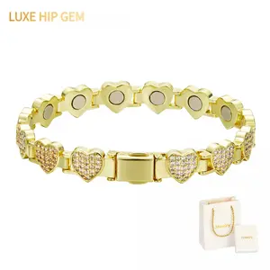 14K Gold Plated Heart Tennis Bracelet 13mm CZ Pave, 8.5 Inch Sparkly Heart Link Bracelet with Magnetic Clasp - Best Gift for Her,mom