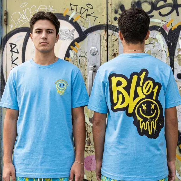 Youth and Adult Baseball Lifestyle Graffiti Smile Tee, BL101 Drip Face Graphic Shirt, Streetwear Back Print Tee, Urban Spray Paint Style T-Shirt, Edgy Street Graphic Tee, Unisex Oversized Casual Shirt, Hype Streetwear Tee