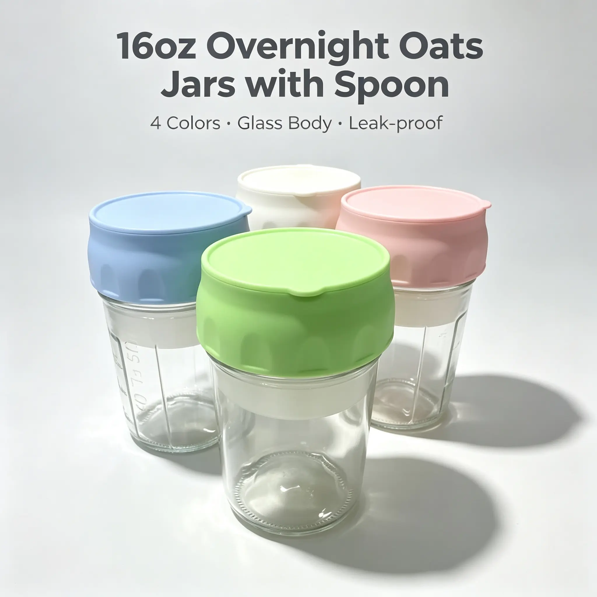 Small Size 4-Pack 16oz Cylindrical Glass Jars Containers Set - Food Safe, Leak-Proof Kitchen Preserving Jars with Solid Lids Included, Foldable Spoon & Folding Utensils, Fold-Spoon Ease Feature for Fruit, Nuts